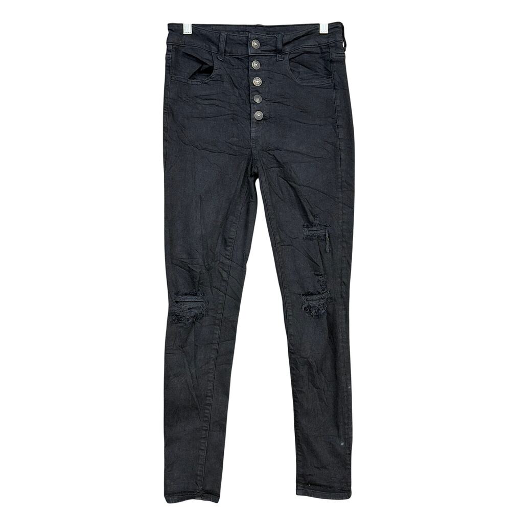 American Eagle Womens Jeans Black Denim Distressed Super High Rise Jegging 6